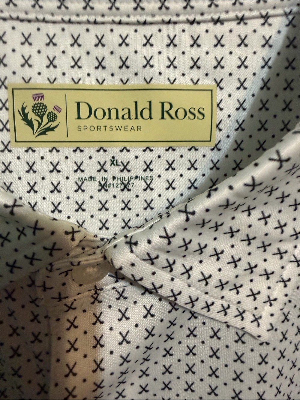Donald Ross Men’s White Button-Down Shirt with Black Cross Print